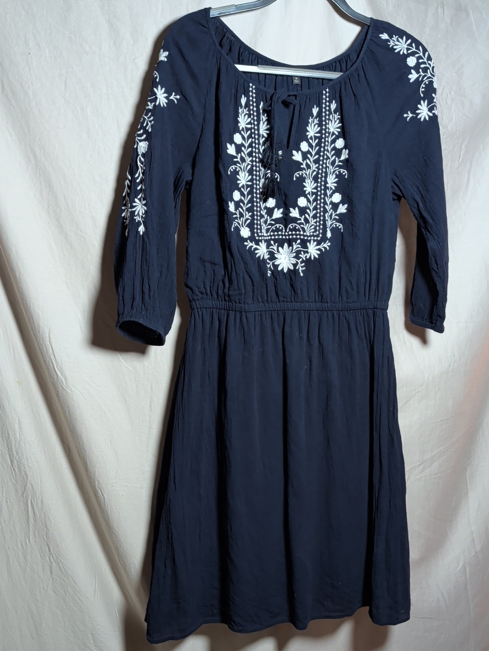 Talbots Navy Gauze Dress with White Floral Embroidery Great Summer To Fall Wear